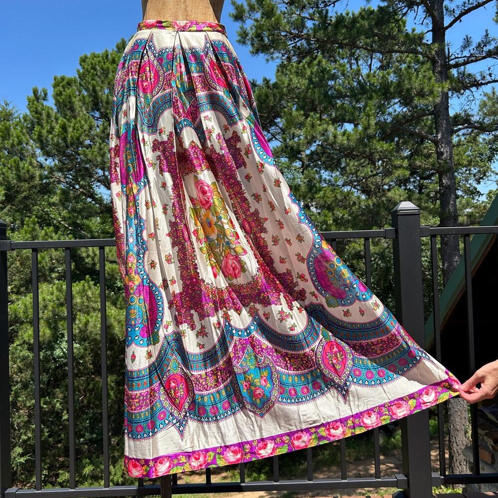 Vintage 60s Psychedelic Neon Folk Floral Pleated Babushka Draped Maxi Skirt S